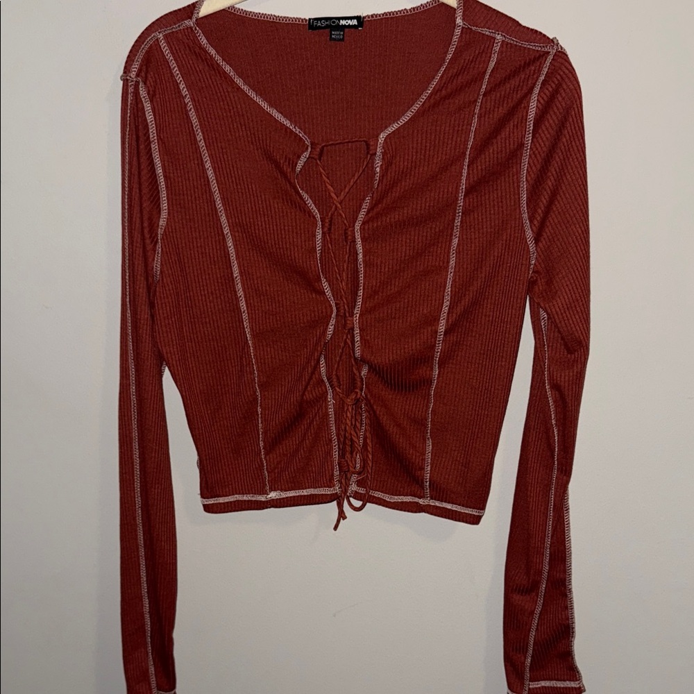 Fashion Nova Rust Long Sleeve Contrast Seam Lace Up Ribbed Top